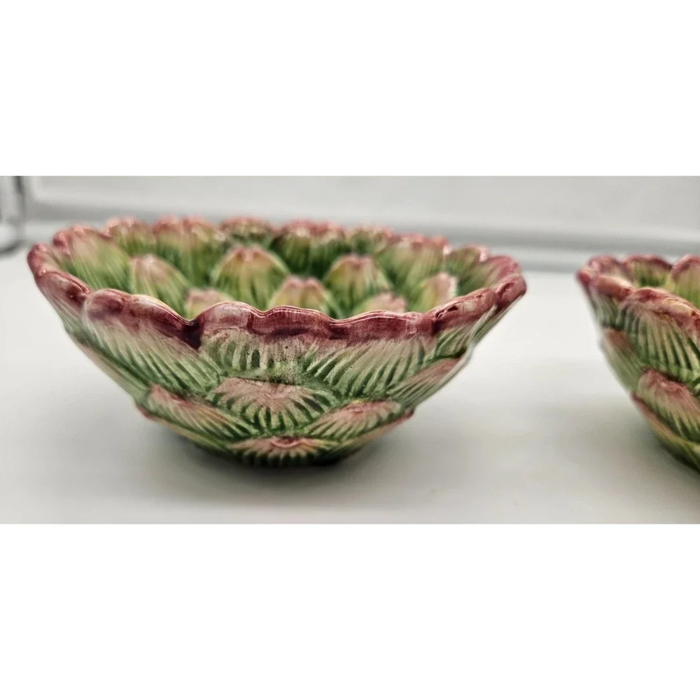 Fitz & Floyd 1991 Artichoke Bowls Set of 2 Green Purple Ceramic Botanical Decor